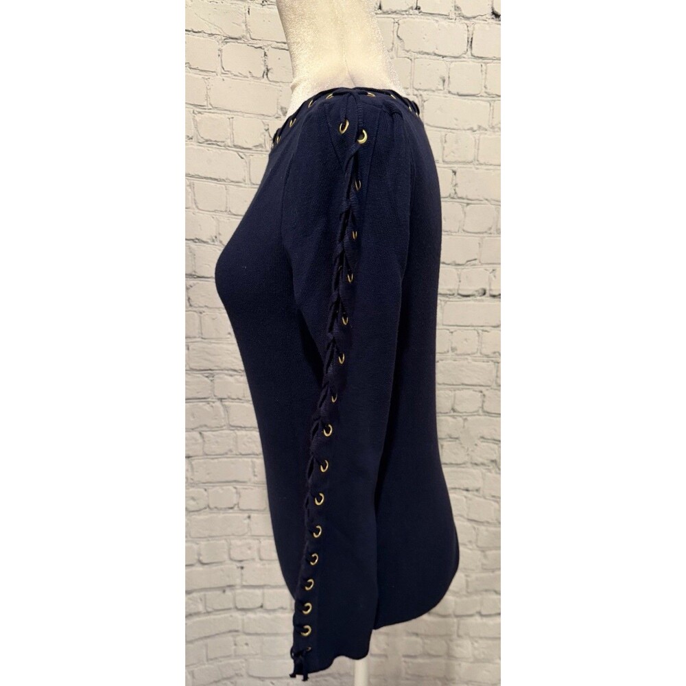 Venus Lace up neck and sleeve Navy blue Knit Sweater Size Large - Picture 2 of 7